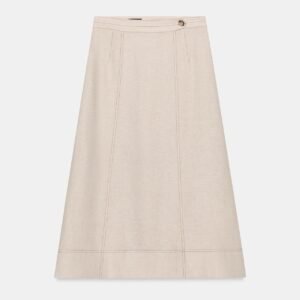 Jupe midi en lin naturel écru avec coutures verticales et bouton décoratif à la taille