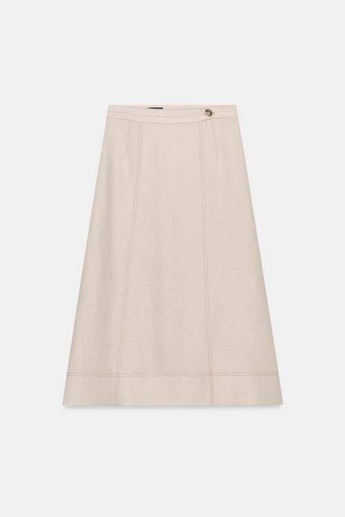 Jupe midi en lin naturel écru avec coutures verticales et bouton décoratif à la taille