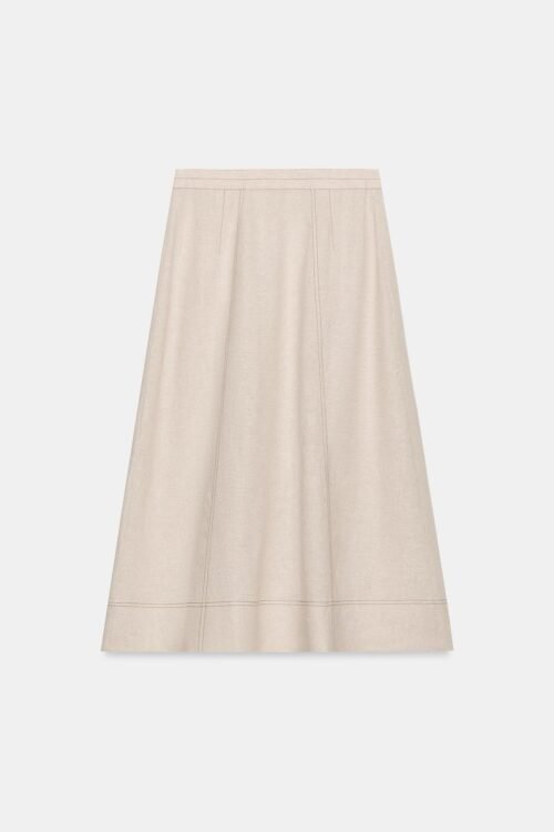 Jupe lin naturelle midi écru avec plis et surpiqûres, vue dos, produit eco-responsable