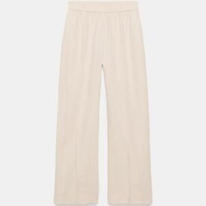 Pantalon en lin beige clair taille haute à jambe droite, vue produit sur fond blanc