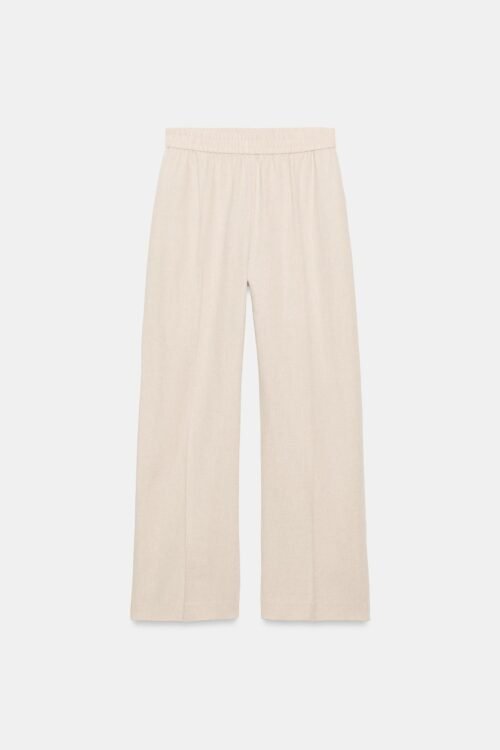 Pantalon en lin beige clair taille haute à jambe droite, vue produit sur fond blanc