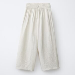 Pantalon fille en lin beige naturel taille enfant ceinture élastique et cordon, coupe droite estivale