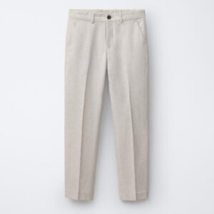 Pantalon garçon en lin beige naturel, coupe droite avec plis et poches latérales