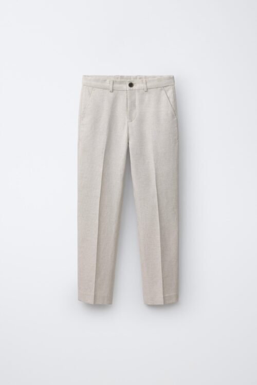 Pantalon garçon en lin beige naturel, coupe droite avec plis et poches latérales