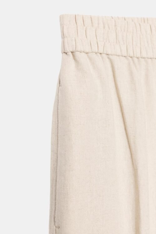 Pantalon lin beige femme taille élastique léger en lin naturel pour saisons chaudes