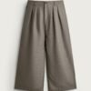 Pantalon en lin gris pour homme, taille haute avec plis et ceinture à passants, coupe droite ample