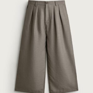 Pantalon en lin gris pour homme, taille haute avec plis et ceinture à passants, coupe droite ample