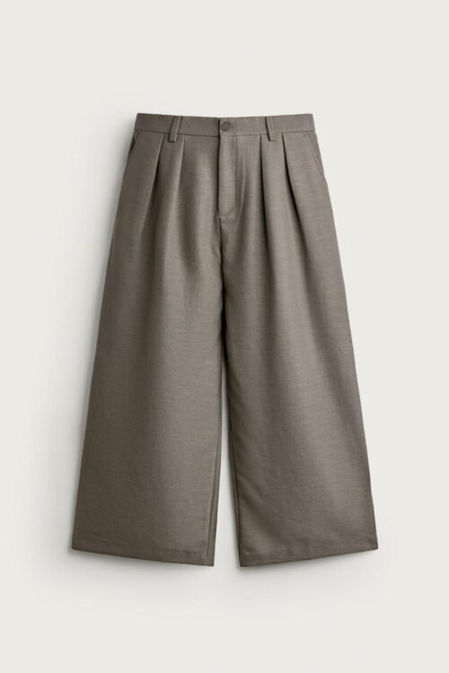 Pantalon en lin gris pour homme, taille haute avec plis et ceinture à passants, coupe droite ample