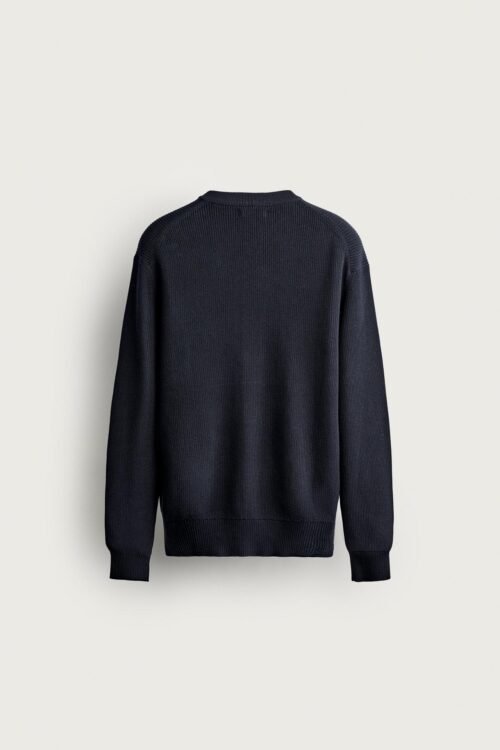 Pull crew neck en coton bio bleu marine vu de dos, maille fine et col rond