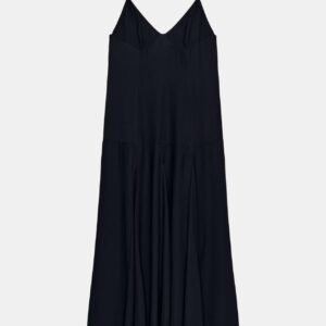 Robe midi en coton bio bleu marine à fines bretelles, coupe fluide et plissée, sans mannequin