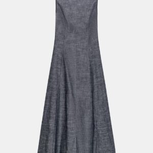 Robe ajustée en laine gris graphite dos nu, texture chinée visible, sans manches, vue produit complète