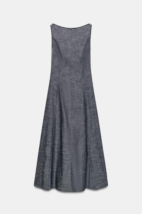 Robe ajustée en laine gris graphite dos nu, texture chinée visible, sans manches, vue produit complète