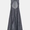 Robe laine gris graphite ajustée dos nu avec ouverture ronde et lien au col, tissu texturé