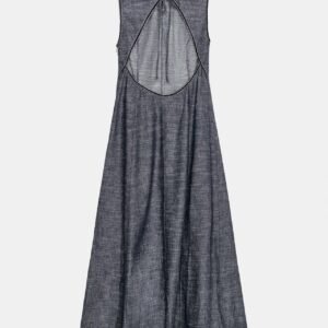 Robe laine gris graphite ajustée dos nu avec ouverture ronde et lien au col, tissu texturé