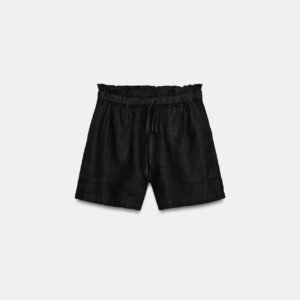Short en laine noir taille normale ceinturé avec poches plaquées, vue face produit pour femme