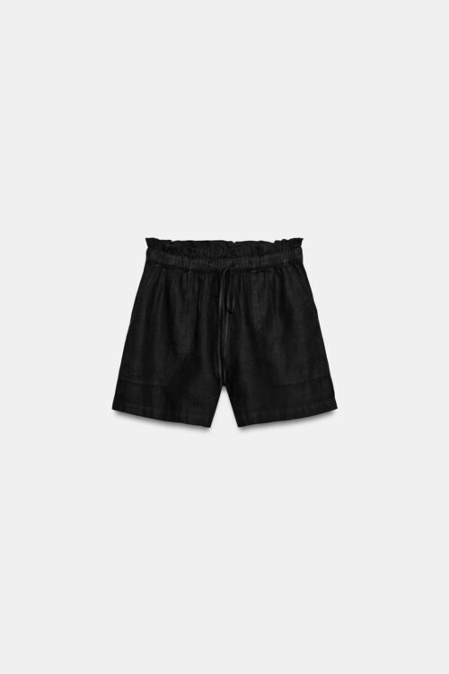 Short en laine noir taille normale ceinturé avec poches plaquées, vue face produit pour femme