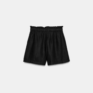 Short en laine noir taille haute à taille élastiquée, dos visible, produit femme boutique
