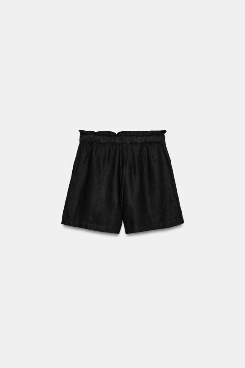 Short en laine noir taille haute à taille élastiquée, dos visible, produit femme boutique