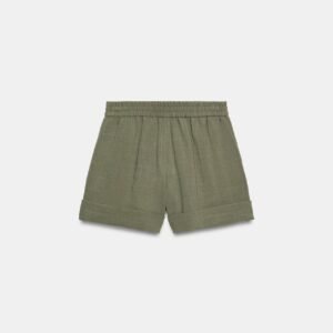 Short chino femme en coton bio kaki avec taille élastiquée et revers, vue dos, produit sur fond clair
