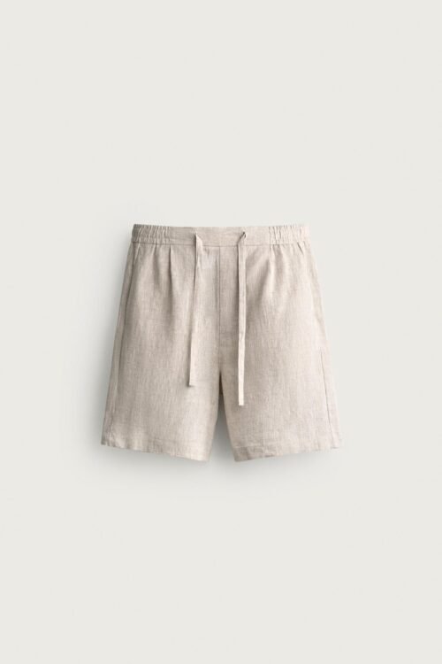 Short en lin naturel écru pour homme, taille élastique et cordon, finition légère et respirante