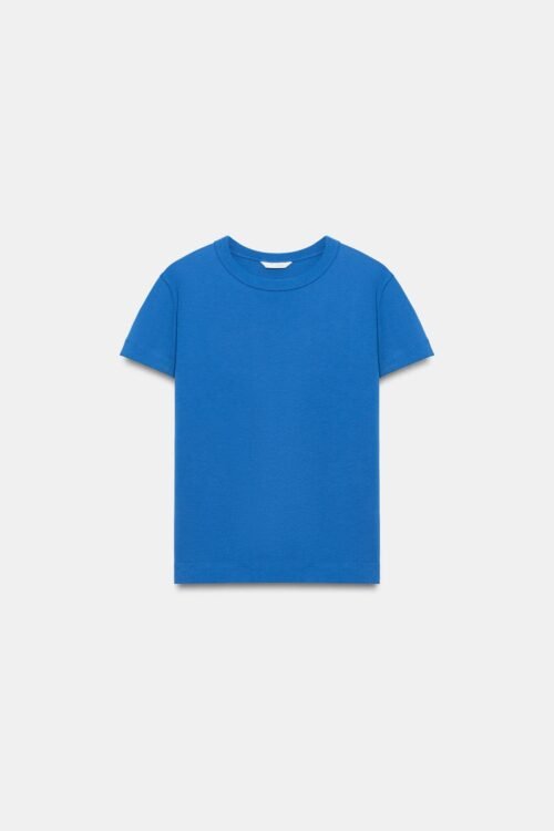 T Shirt Coton Bio Bleu Électrique Face T-shirt coton bio bleu électrique uni pour femme, face, coupe classique, col rond, manches courtes