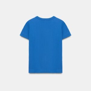 T-shirt coton bio bleu électrique vue de dos, col rond et manches courtes, modèle femme