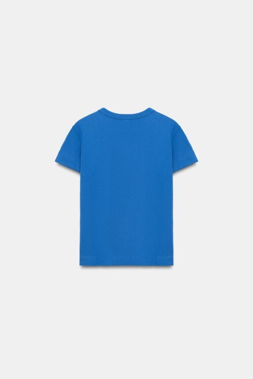 T shirt Coton Bio Bleu Électrique Dos T-shirt coton bio bleu électrique vue de dos, col rond et manches courtes, modèle femme