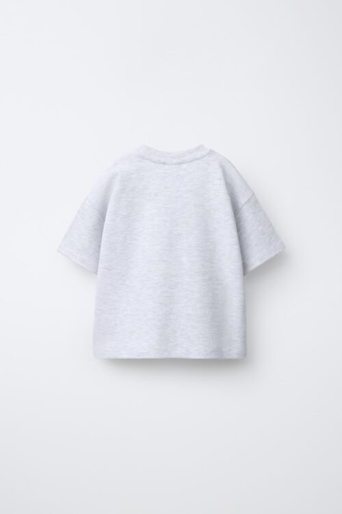 T-shirt garçon coton bio gris clair, dos visible, manches courtes, style basique et neutre