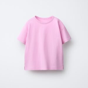 T-shirt fille coton bio rose tendre uni, manches courtes, taille enfant, présenté à plat