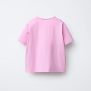 T-shirt fille en coton bio rose pâle vu de dos, manches courtes, modèle basique
