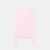 T-shirt en laine mérino rose poudré à manches longues pour femme, coupe ajustée et col en V