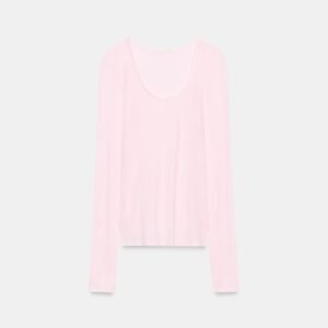 T-shirt en laine mérino rose poudré à manches longues pour femme, coupe ajustée et col en V