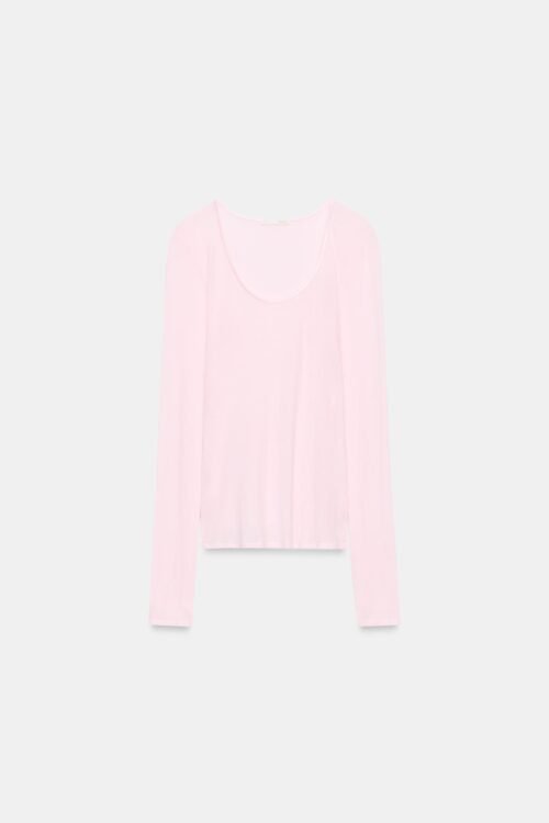 T-shirt en laine mérino rose poudré à manches longues pour femme, coupe ajustée et col en V