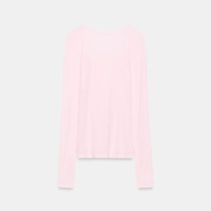 T-shirt en laine mérino rose poudré manches longues dos, coupe ajustée femme, textile naturel