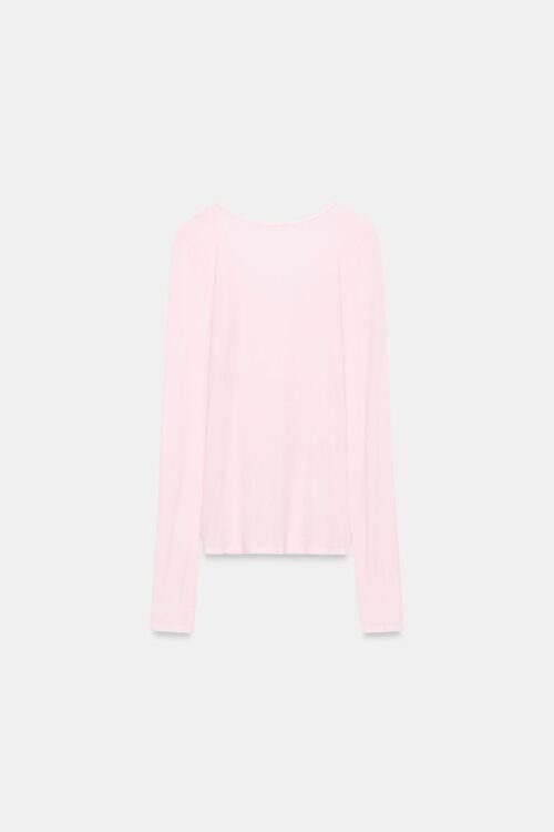 T-shirt en laine mérino rose poudré manches longues dos, coupe ajustée femme, textile naturel