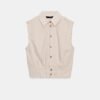 T Shirt Lin Naturel Écru Face T-shirt en lin naturel écru sans manches col chemise boutonné, haut femme léger 100% lin