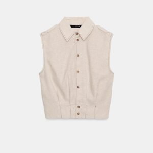 T-shirt en lin naturel écru sans manches col chemise boutonné, haut femme léger 100% lin