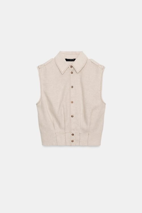 T Shirt Lin Naturel Écru Face T-shirt en lin naturel écru sans manches col chemise boutonné, haut femme léger 100% lin