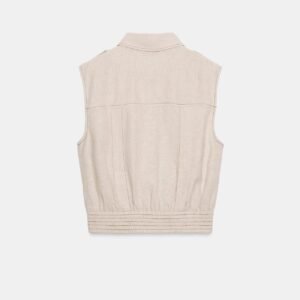 T-shirt en lin naturel écru sans manches vu de dos, col classique et taille smockée, léger et respirant