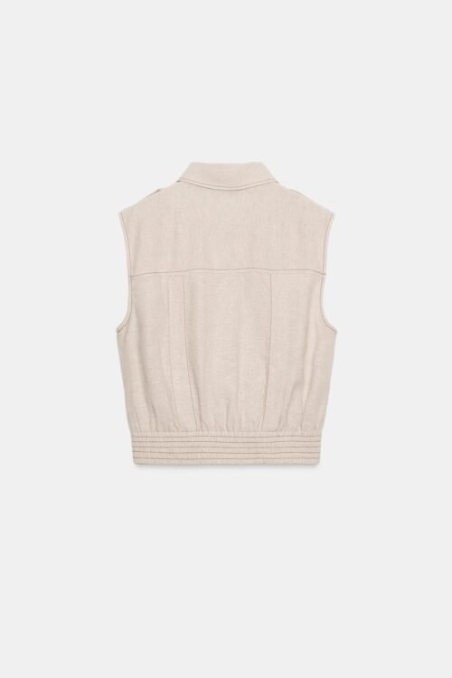 T Shirt Lin Naturel Écru Dos T-shirt en lin naturel écru sans manches vu de dos, col classique et taille smockée, léger et respirant