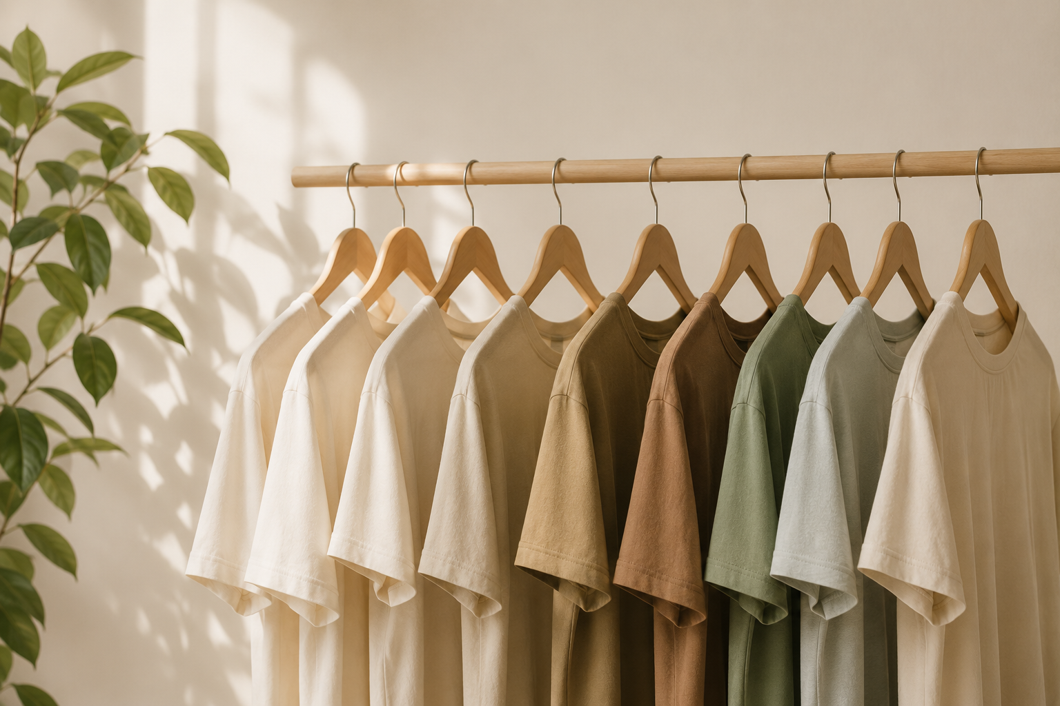 T-shirts Etikashion beige, vert et marron suspendus sur cintres en bois, collection éthique