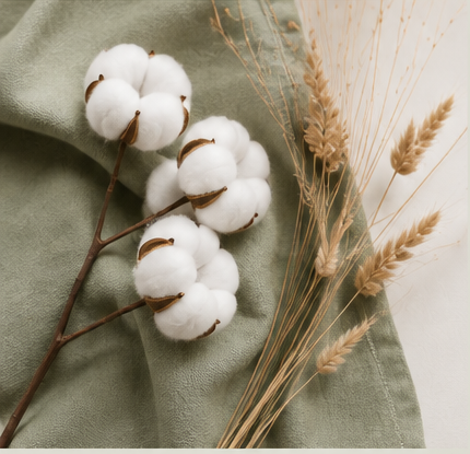 Branche de coton naturel blanc posé sur tissu vert pistache, détail écologique RSE