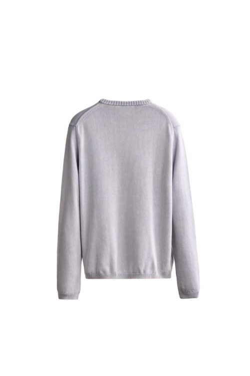 Pull en laine mérinos gris uni vue dos, col rond côtelé et manches longues